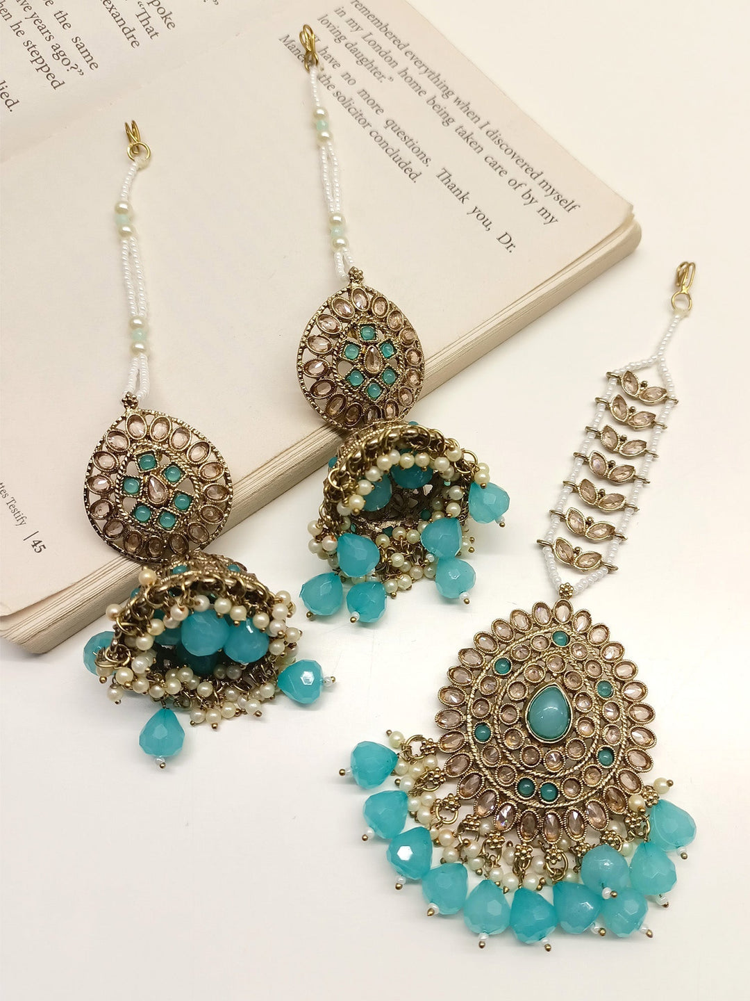 Shivi Sky Blue Polki Jhumki With Teeka - qivii