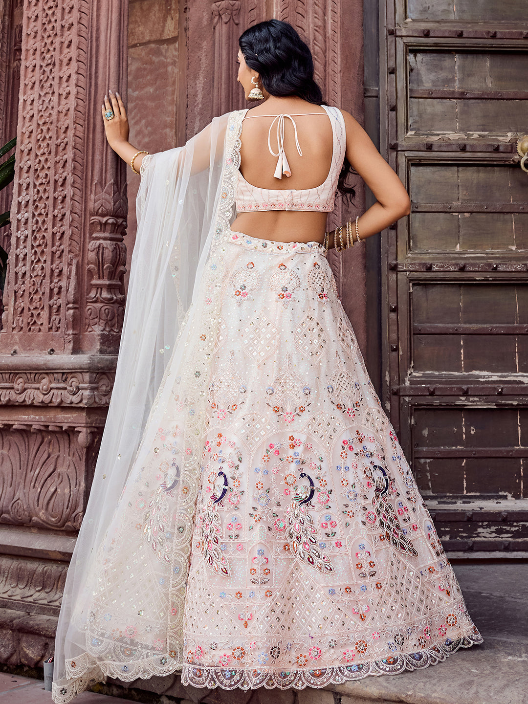 CREAM - Net Fabric Sequins embroidery Semi-Stitched Lehenga & Unstitched Blouse With Dupatta