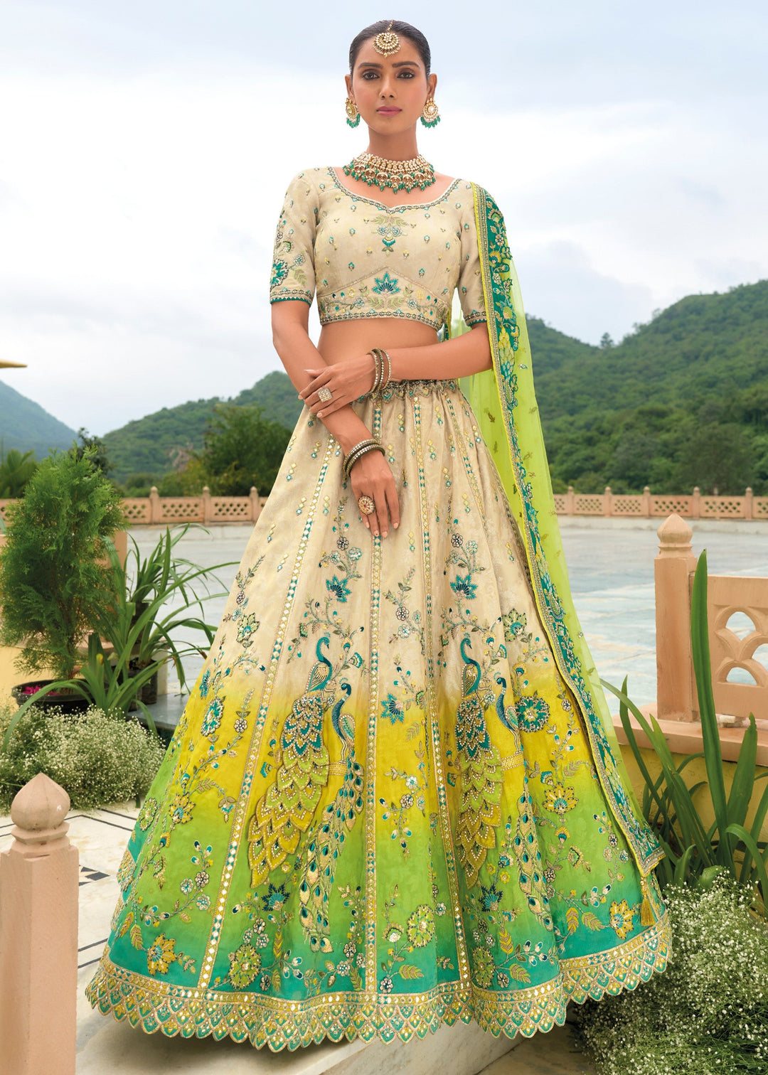 Green And White Banarasi Silk Lehenga With Heavy Embroidery Work | Ready To Wear - qivii