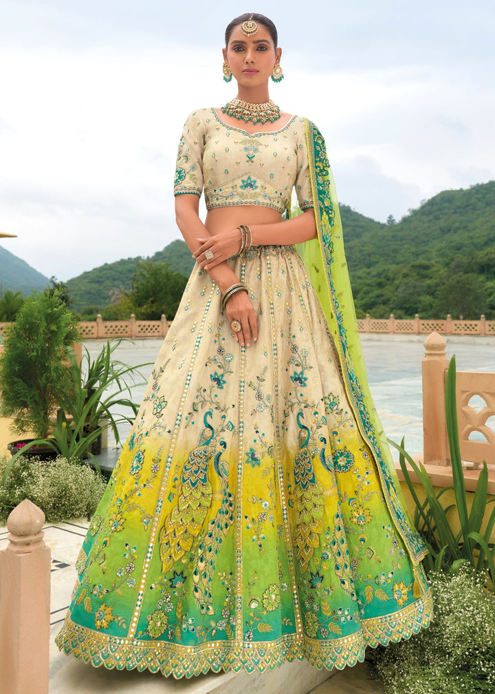Green And White Banarasi Silk Lehenga With Heavy Embroidery Work | Ready To Wear - qivii