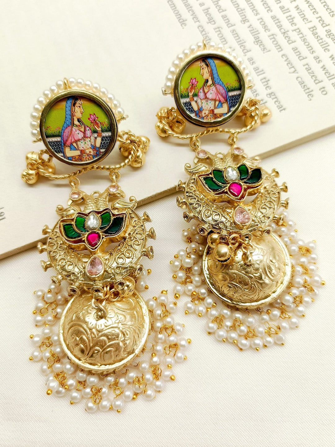 Gold plated brass metal long boutique jhumki with lotus flower and pearl hangings 