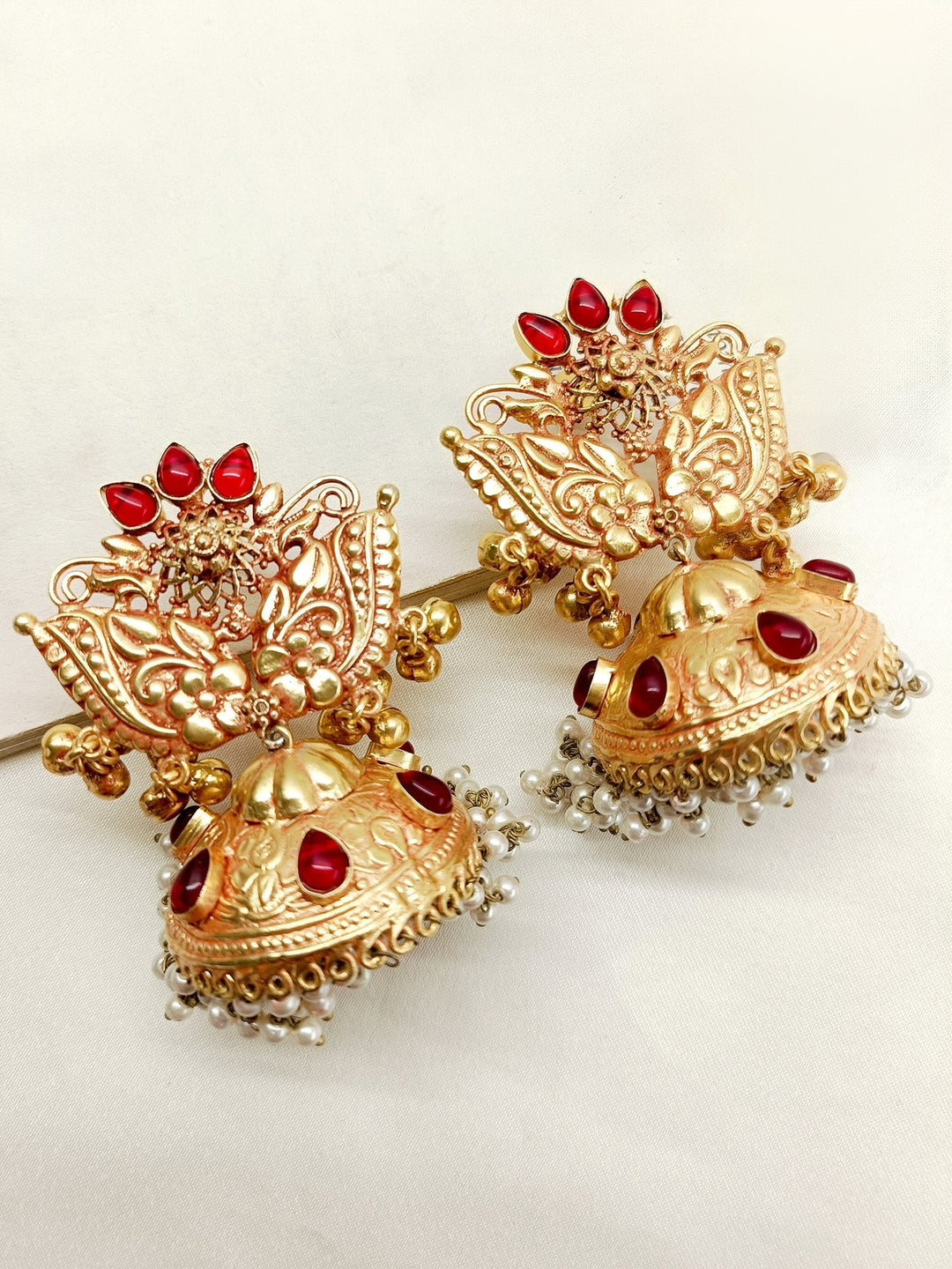 Madhulata Ruby Stone Gold Plated Antique Temple Jhumki Earrings for Women