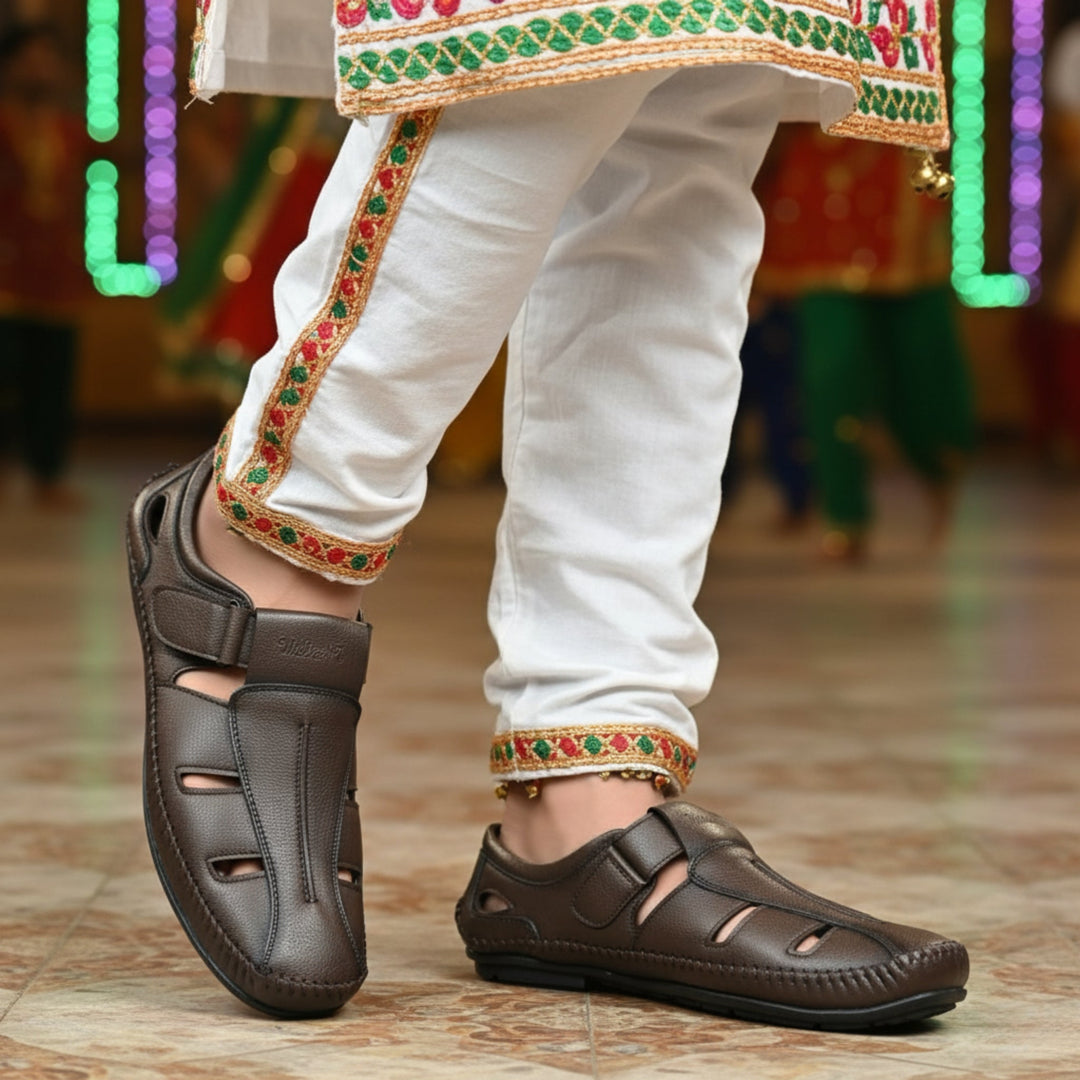 P&G N1404 Men's BROWN Slipon Sandal Extra Soft Sandal/Mojri/Ethnic Wear Leather With Adjustable Strap/Navratri Fashion Footwear. - qivii