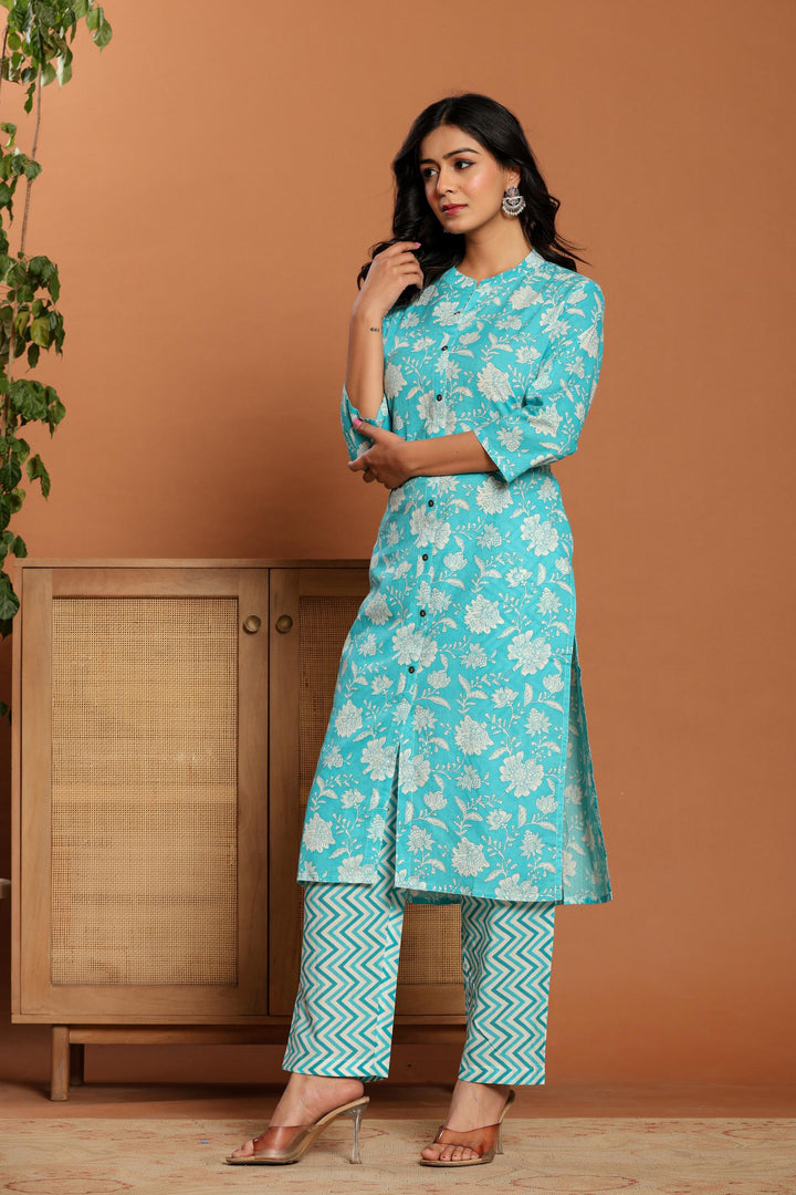 Blue Printed Cotton Kurta Set - qivii