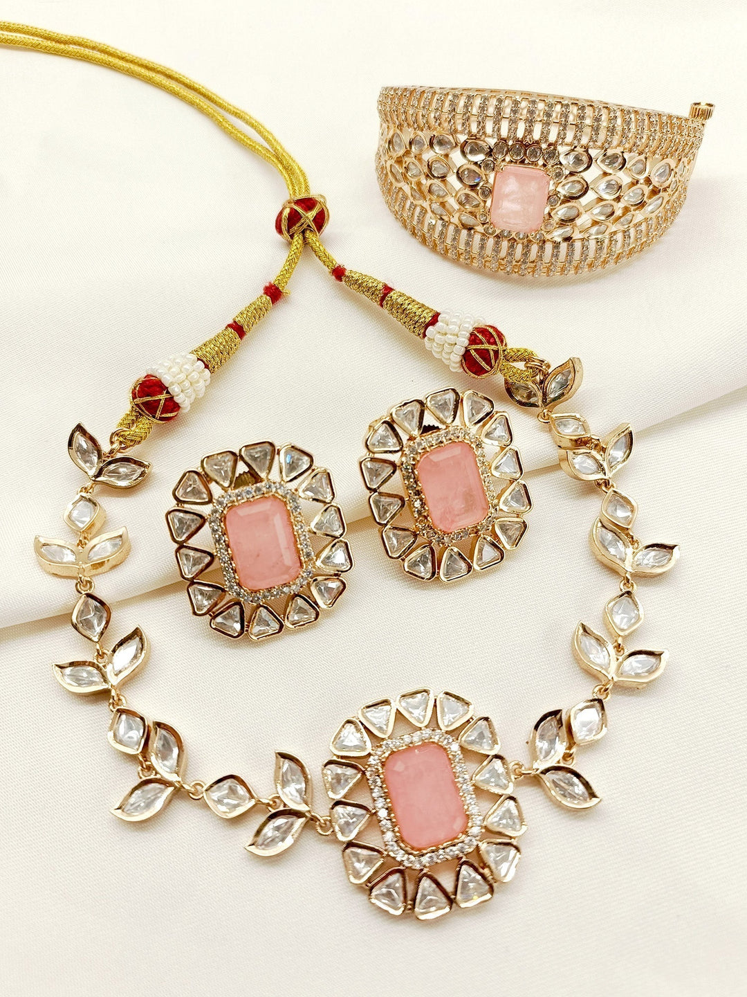 Avanya Pink Kundan Choker With Bracelet Combo set - qivii