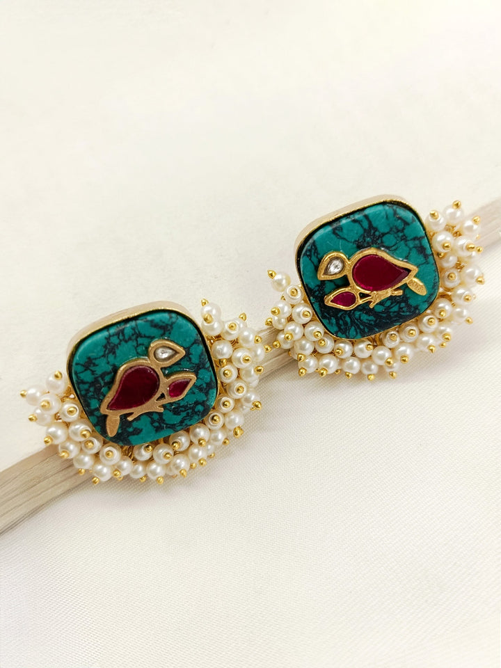 Exquisite gold plated brass metal boutique top adorned with elegant pearl detailing and bird motifs