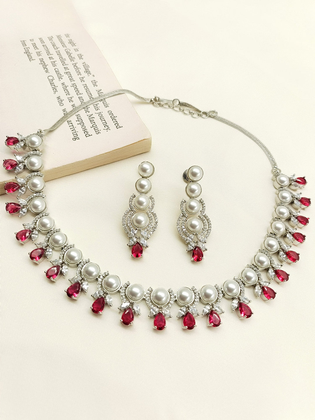 Leena Rose Pink American Diamond Necklace Set - qivii