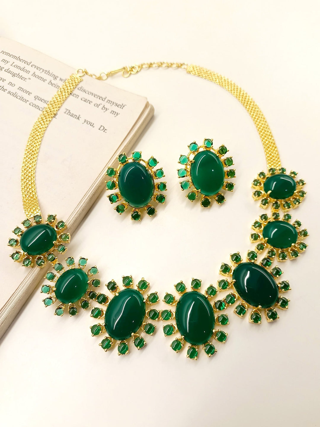 Aurora Green Natural Stone Necklace Set, Handcrafted Jewelry with Matching Earrings