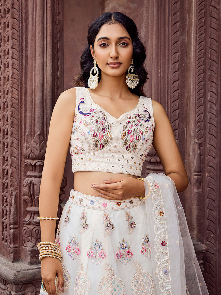 CREAM - Net Fabric Sequins embroidery Semi-Stitched Lehenga & Unstitched Blouse With Dupatta