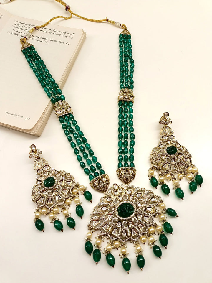  Timeless Aesthetic Long Necklace Set with Green Carved Stone and Antique Gold Plated Brass Metal 