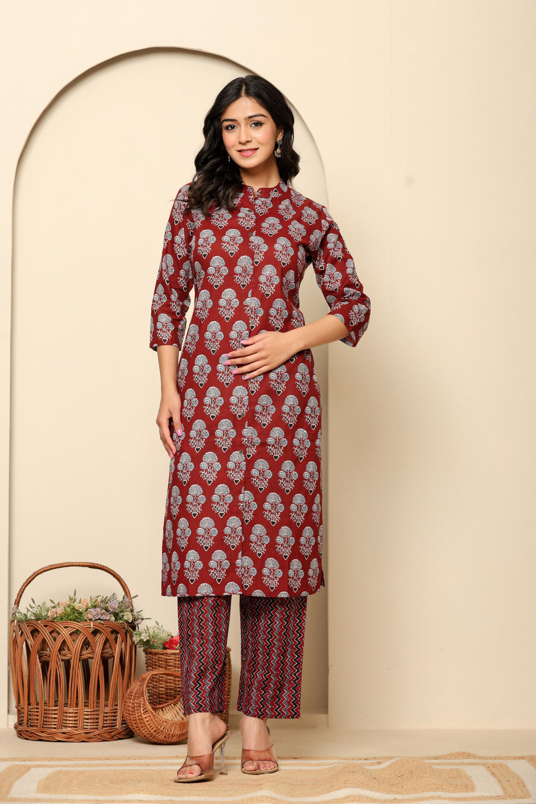 Maroon Printed Cotton Kurta Set - qivii