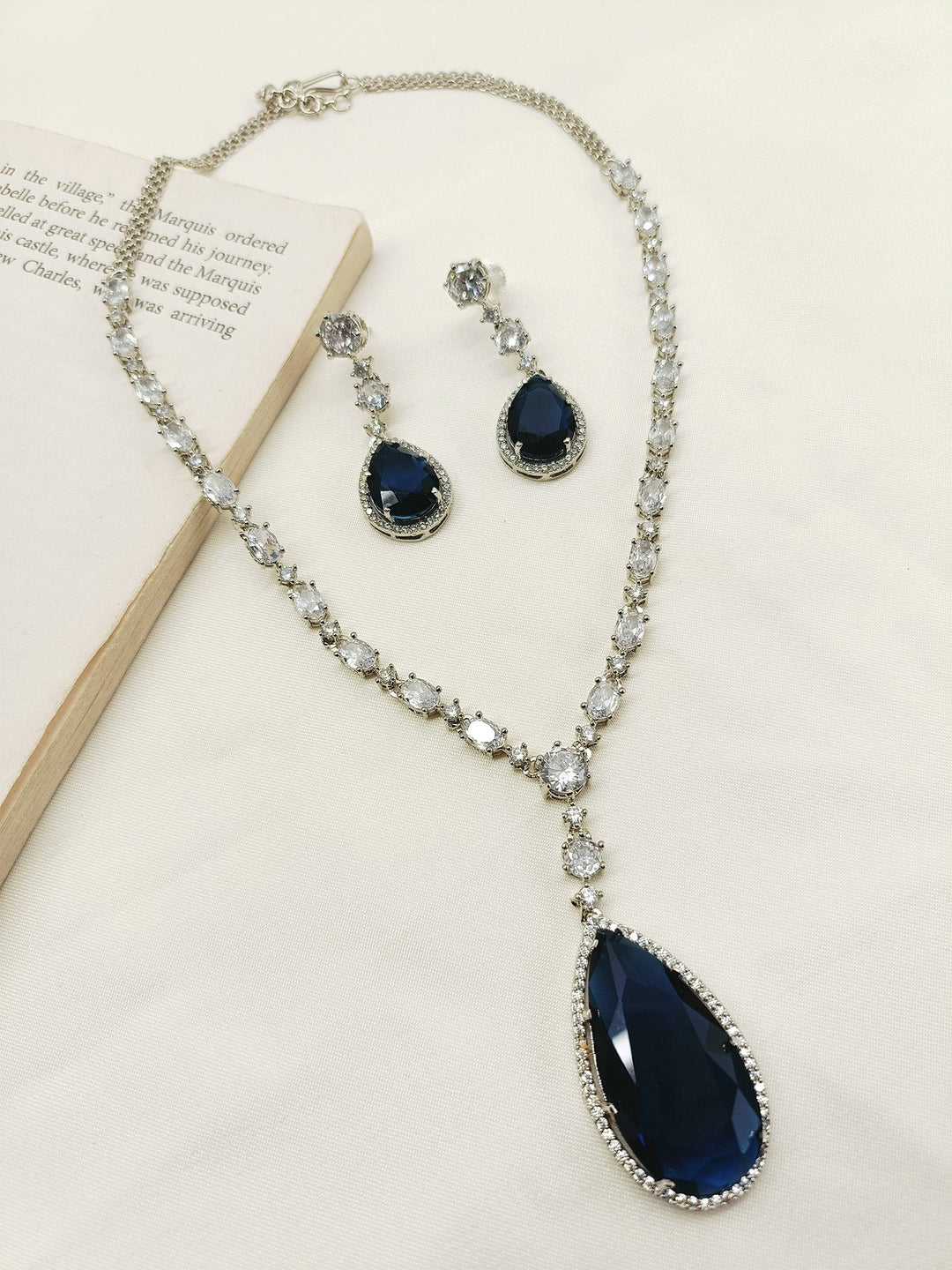 Navika Navy Blue American Diamond Necklace Set - qivii
