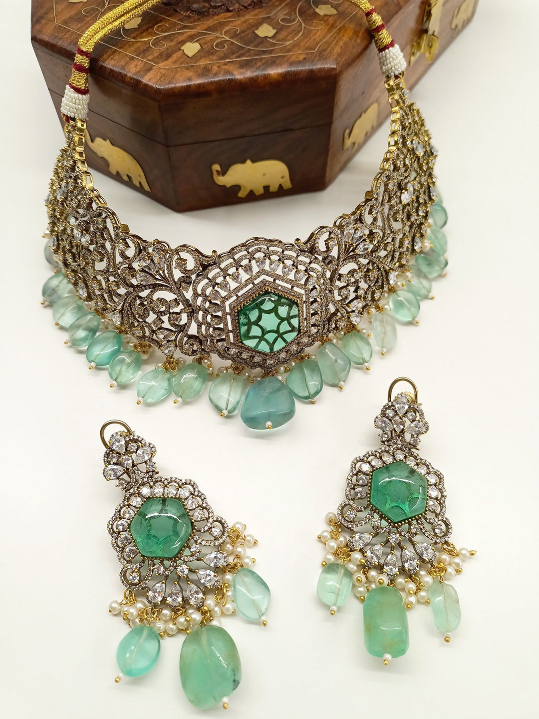 Rajni mint green polki necklace set with intricate detailing and elegant design