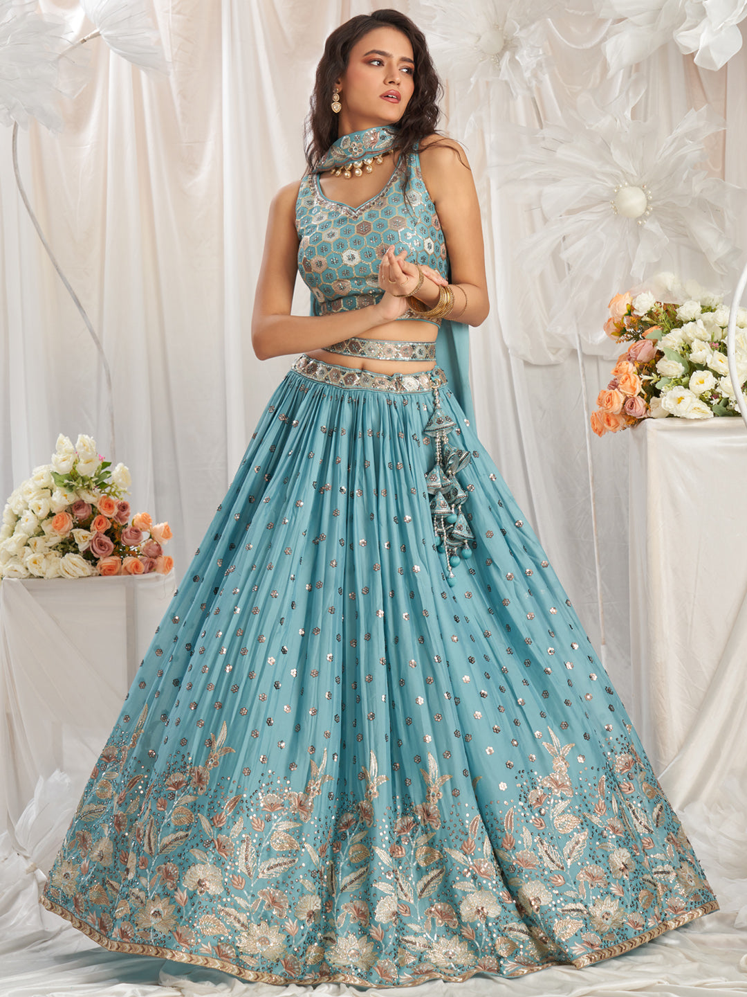 Turquoise Blue - Golden Dull-Bright Sequin,Golden-Sliver Threaded Embroidered Georgette Semi-Stitched Lehenga choli - qivii