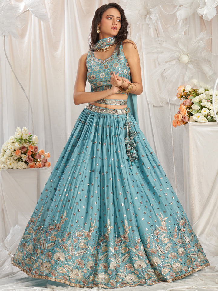 Turquoise Blue - Golden Dull-Bright Sequin,Golden-Sliver Threaded Embroidered Georgette Semi-Stitched Lehenga choli - qivii