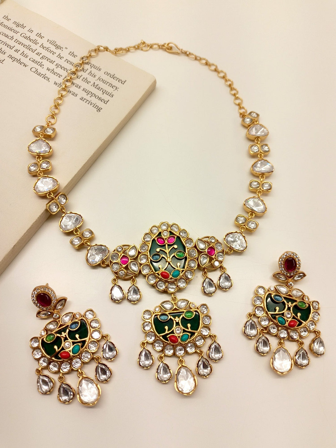 Traditional Yessa Multi Colour Boutique Choker Set made of gold plated brass metal with polki and natural pearl for an impressive appearance