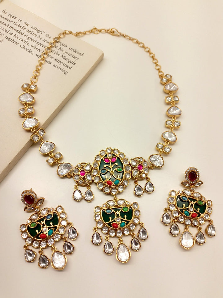 Traditional Yessa Multi Colour Boutique Choker Set made of gold plated brass metal with polki and natural pearl for an impressive appearance