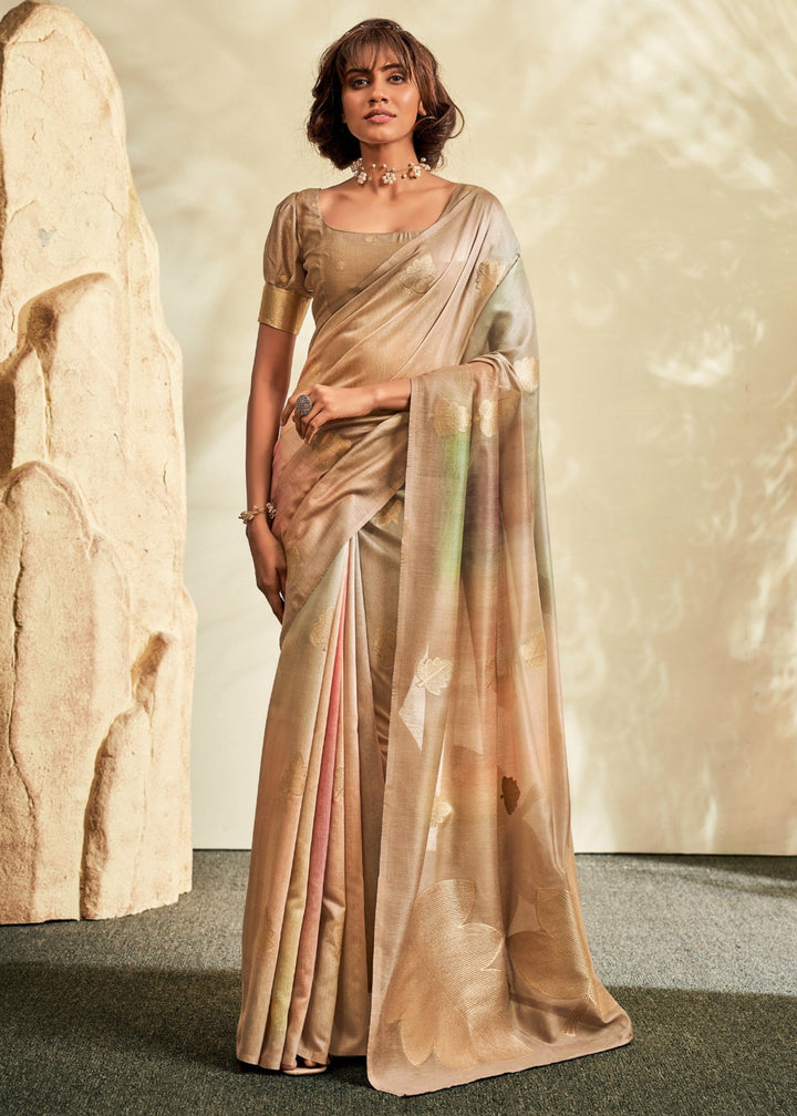 Beige Golden Handloom Khadi Silk with Digital Print - qivii