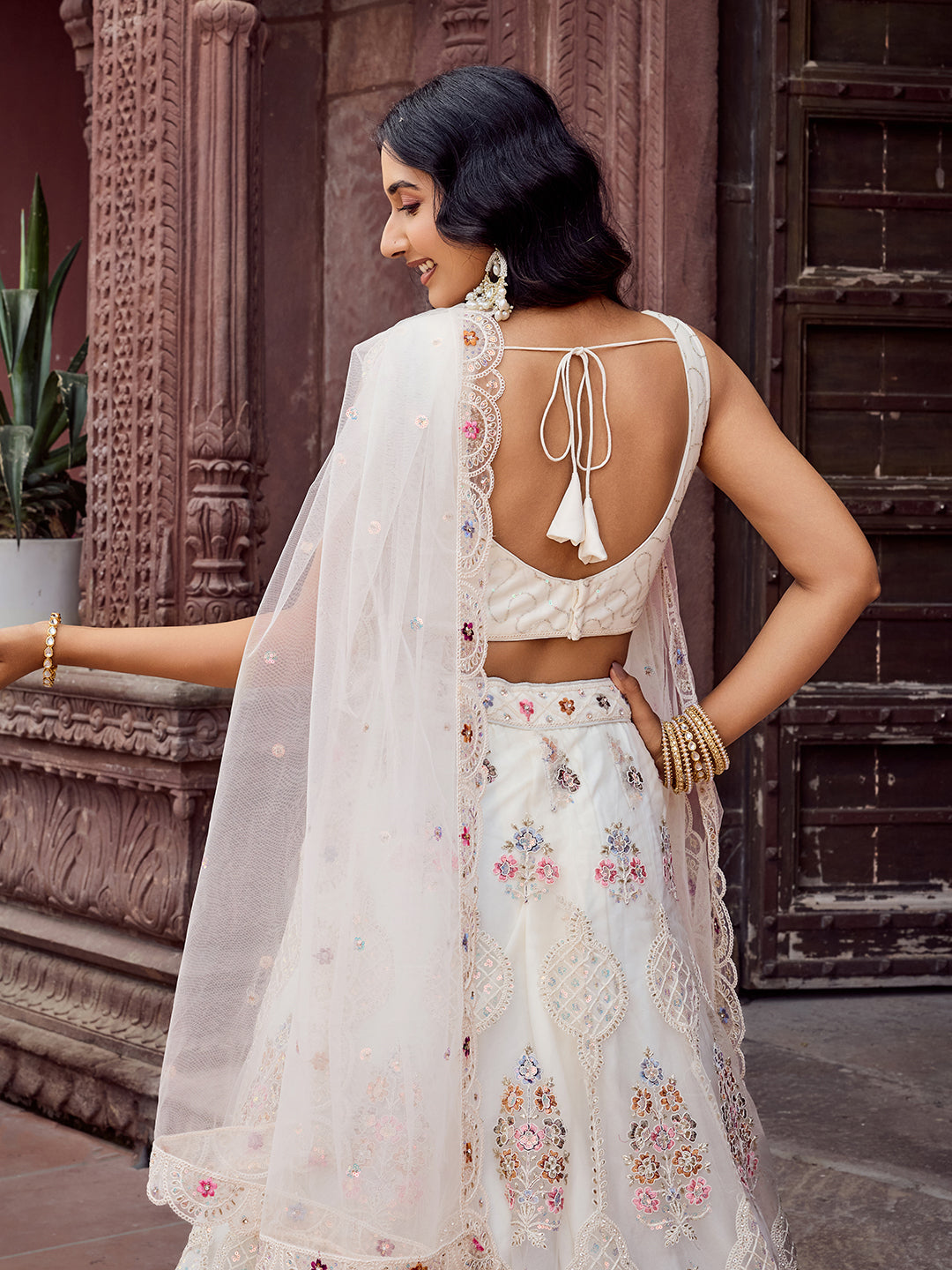 CREAM - Net Fabric Sequins embroidery Semi-Stitched Lehenga & Unstitched Blouse With Dupatta