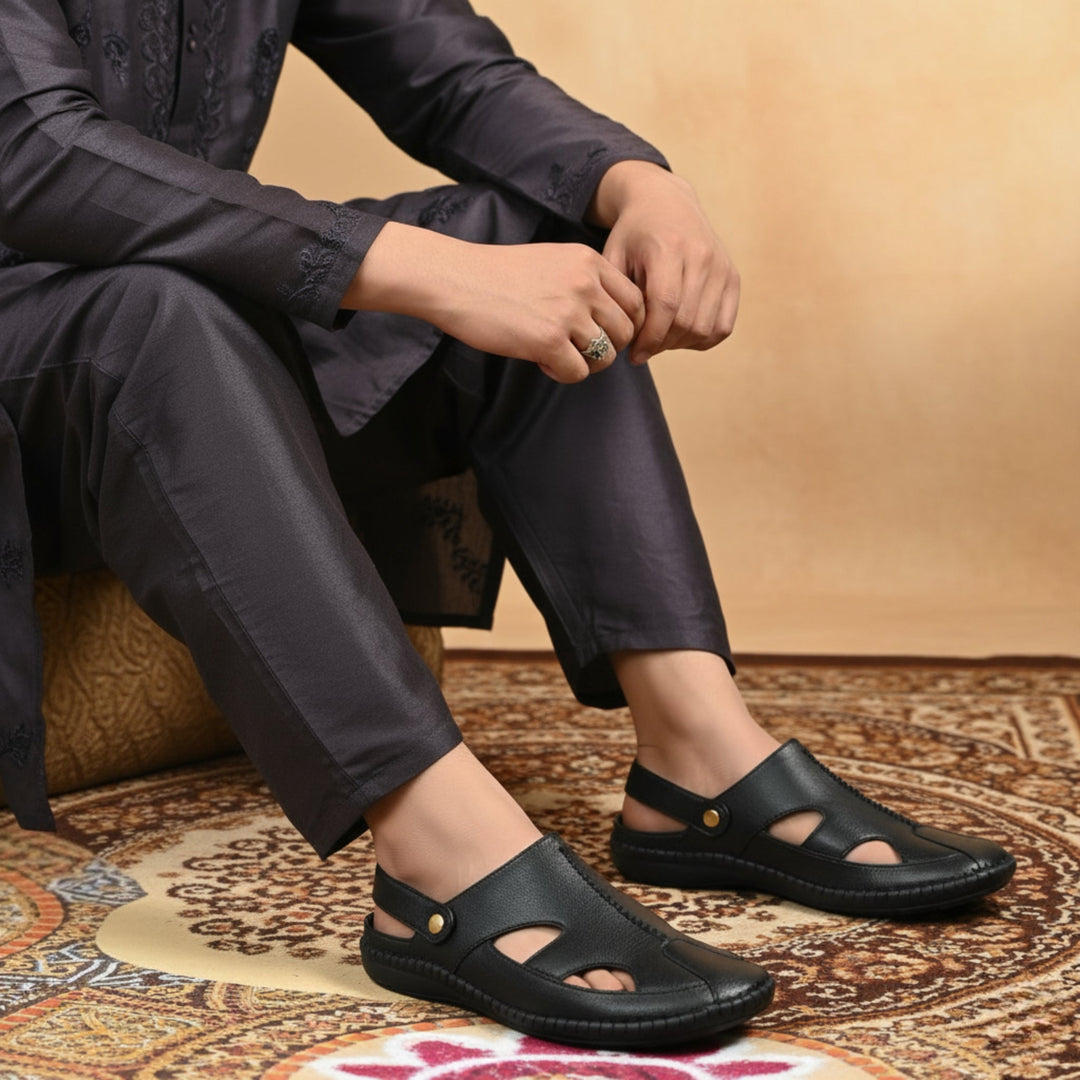 P&G 4030 Men's BLACK Slipon Sandal Extra Soft Sandal/Mojri/Ethnic Wear Leather With Adjustable Strap/Navratri Fashion Footwear. - qivii