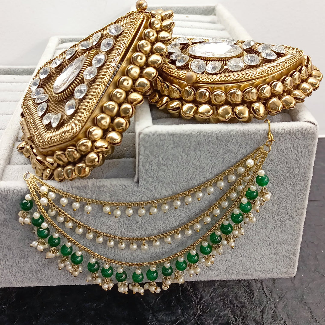 Manpreet Green Emerald Gold Plated Ear Chain - qivii