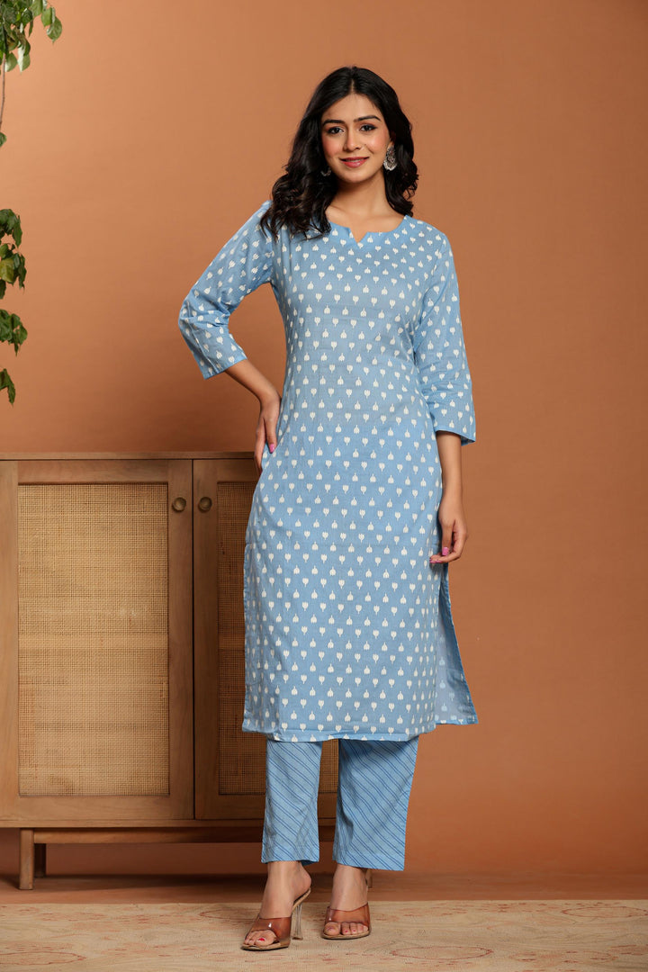 Sky Blue Printed Cotton Kurta Set - qivii
