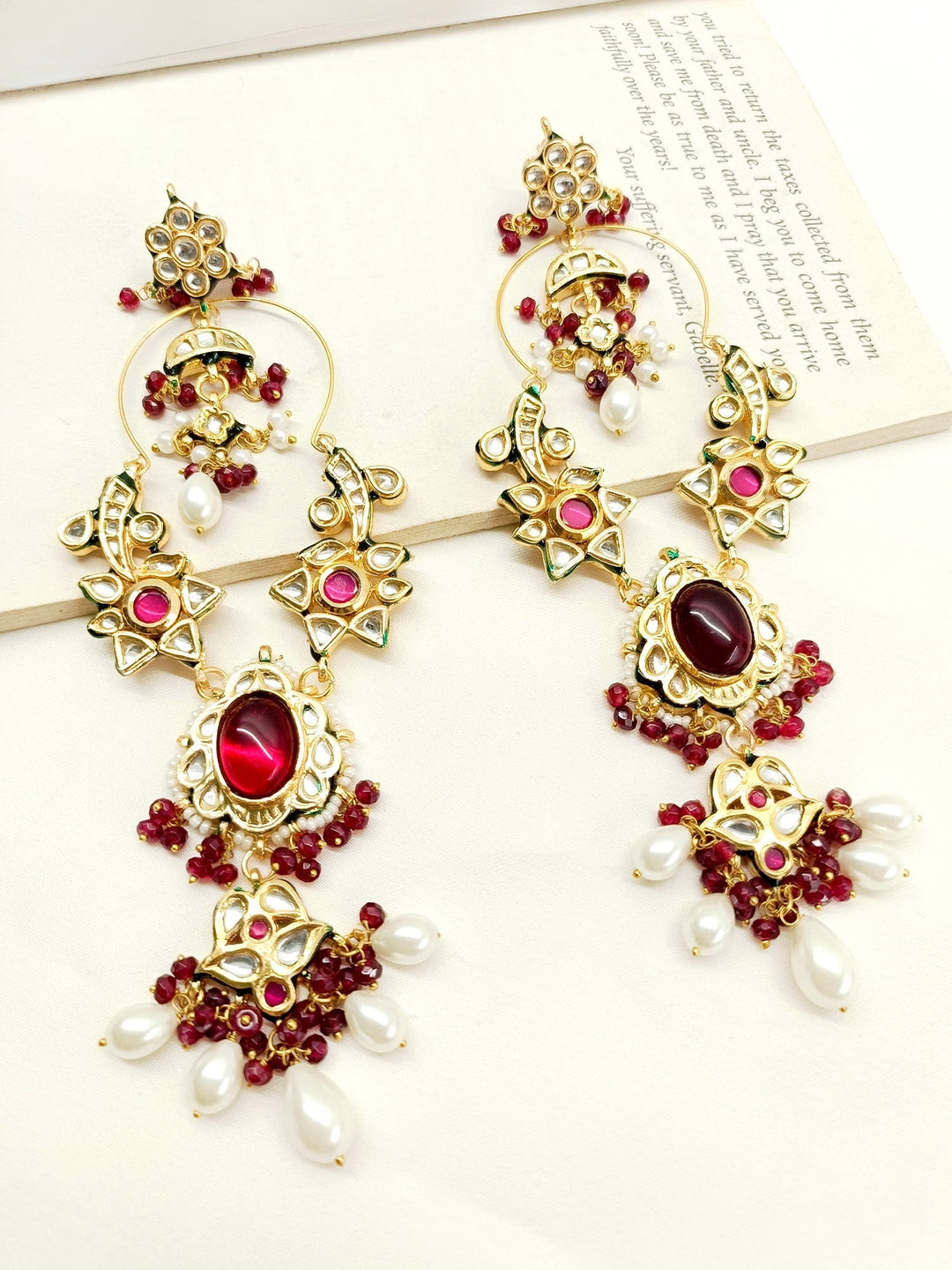 Neeya Long Kundan Earrings With Ruby Stone and Pearl Hangings