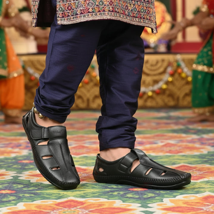 P&G N1404 Men's BLACK Slipon Sandal Extra Soft Sandal/Mojri/Ethnic Wear Leather With Adjustable Strap/Navratri Fashion Footwear. - qivii