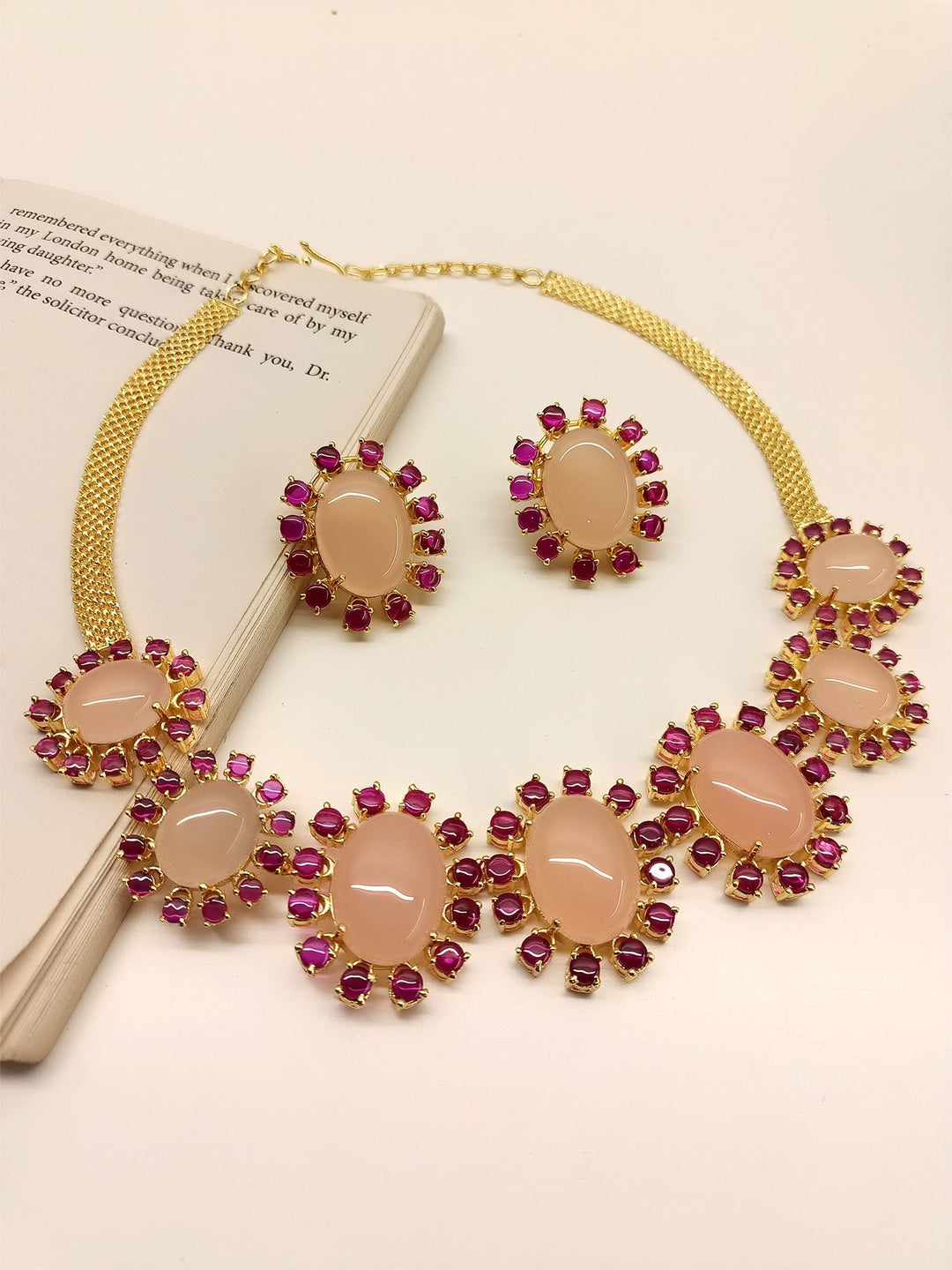 Handcrafted Edana Ruby & Baby Pink Natural Stone Necklace Set for elegant women