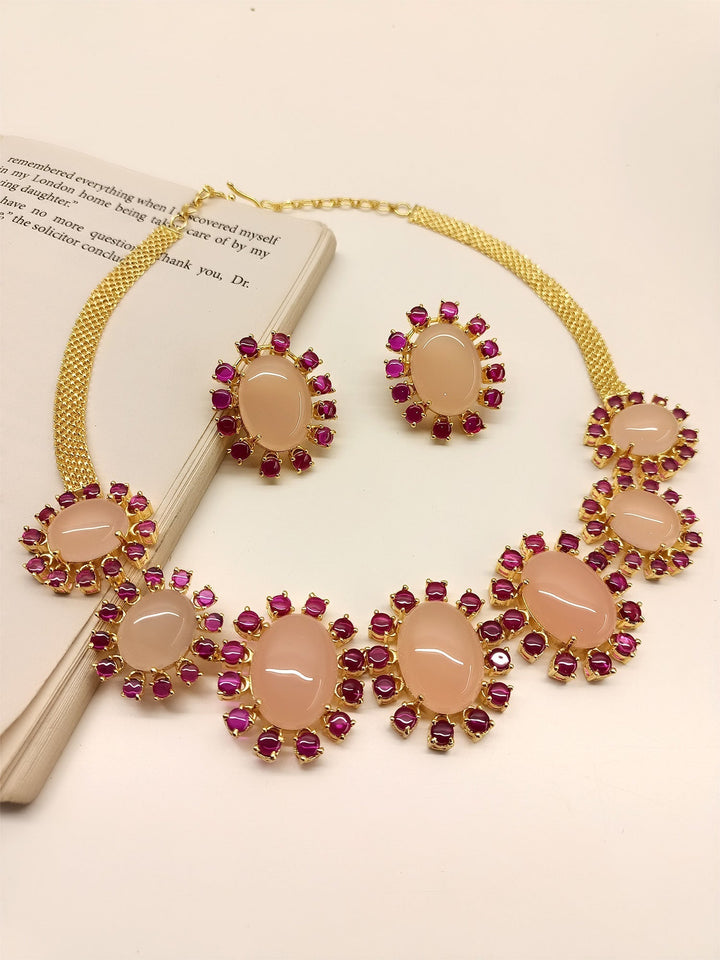 Handcrafted Edana Ruby & Baby Pink Natural Stone Necklace Set for elegant women