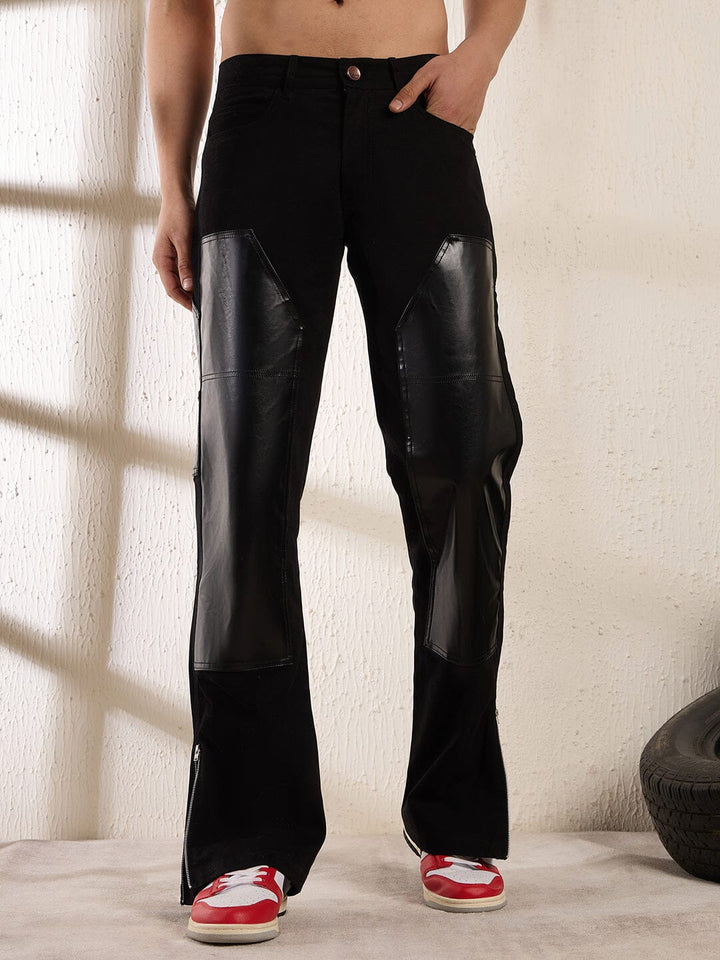 Black Leather Patched Flared Trousers