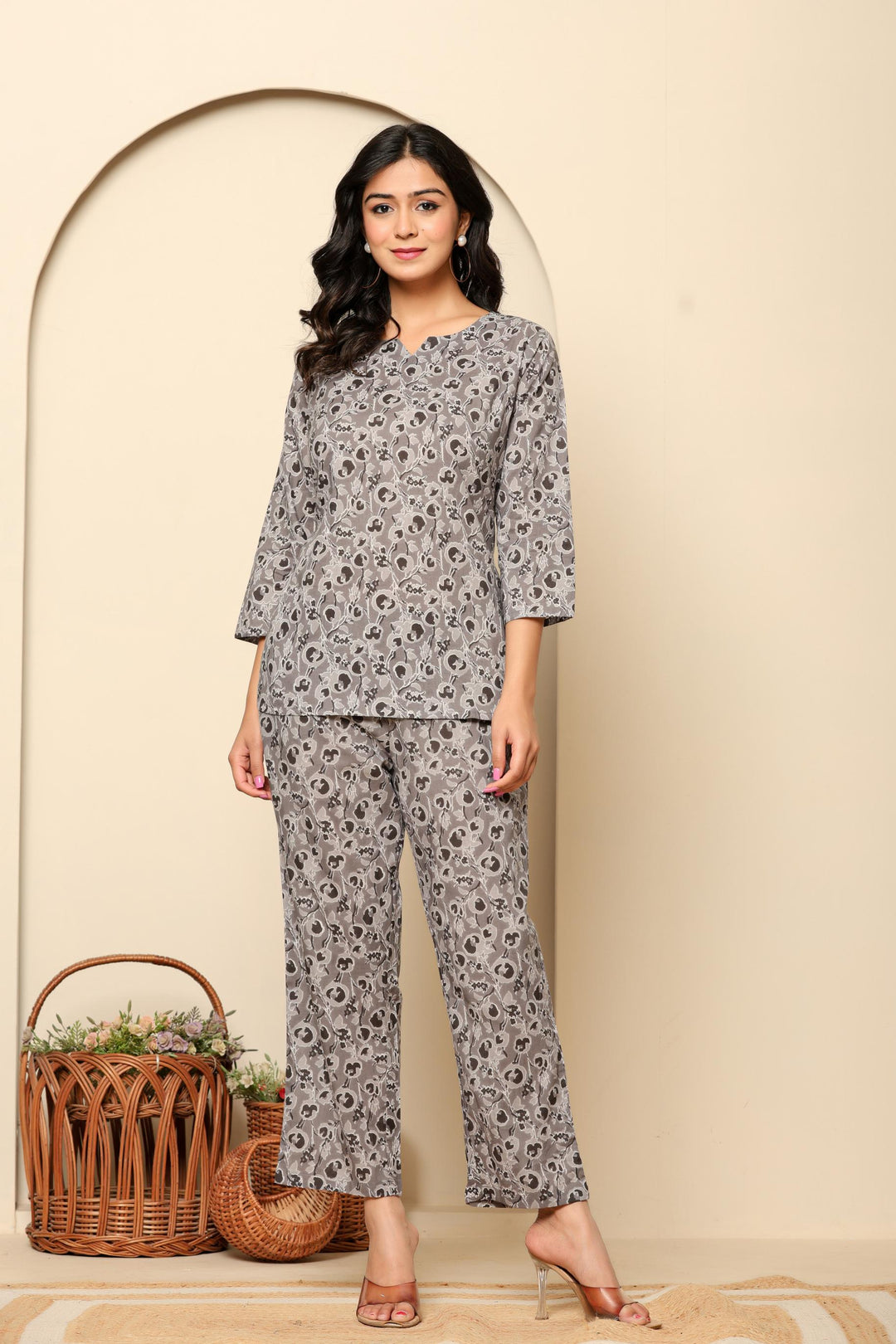 Grey Printed Cotton Coord Set - qivii