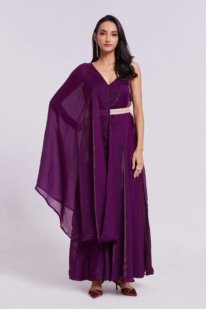 Wine Pure Organza Gown With Dupatta - qivii