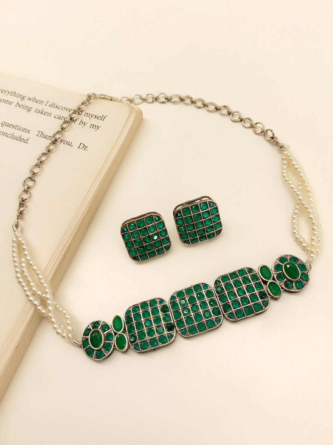 Taisha Green Oxidized Choker Set - qivii