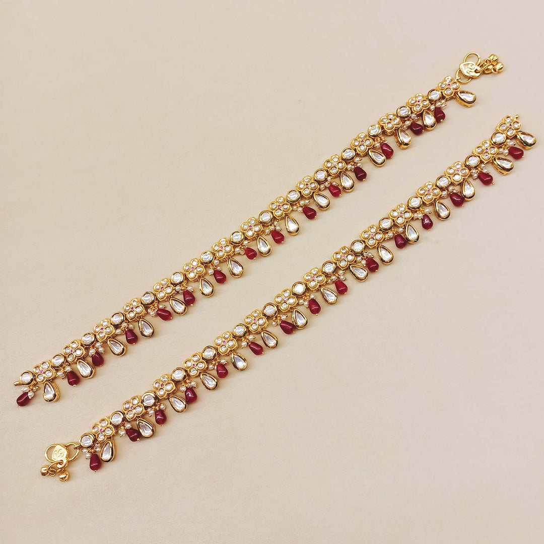 Nupoor Ruby Gold Plated Kundan Anklet - qivii