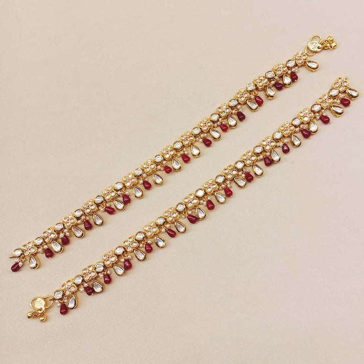 Nupoor Ruby Gold Plated Kundan Anklet - qivii