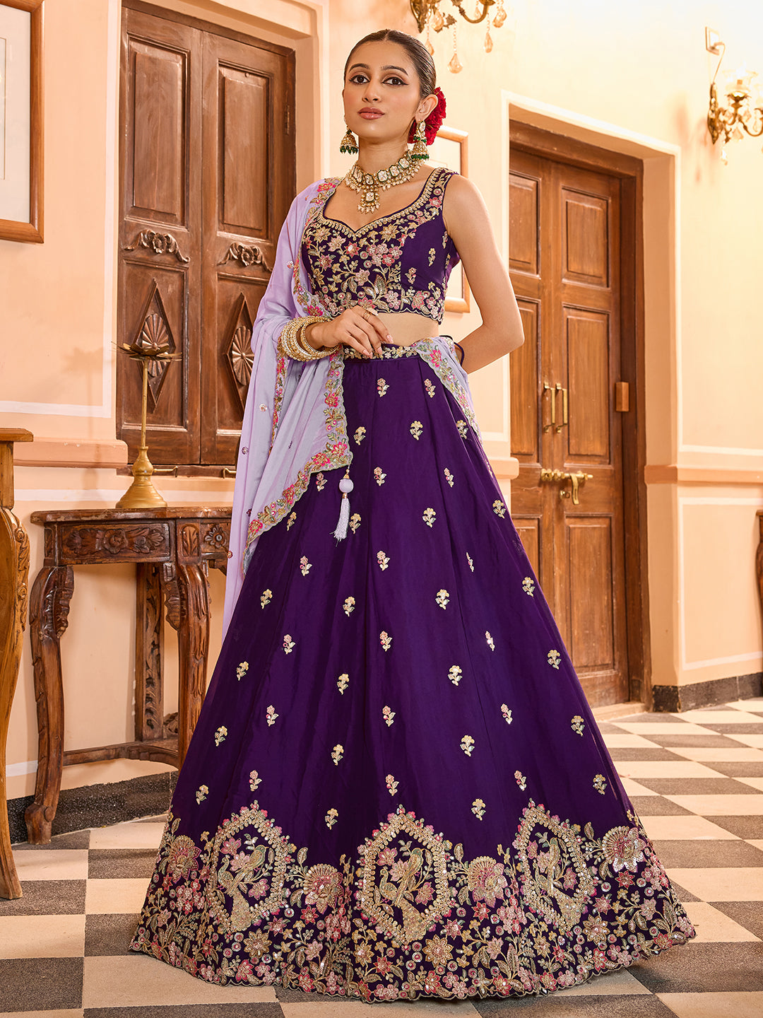 PURPLE - Georgette Fabric Sequins embroidery Semi-Stitched Lehenga & Unstitched Blouse With Dupatta