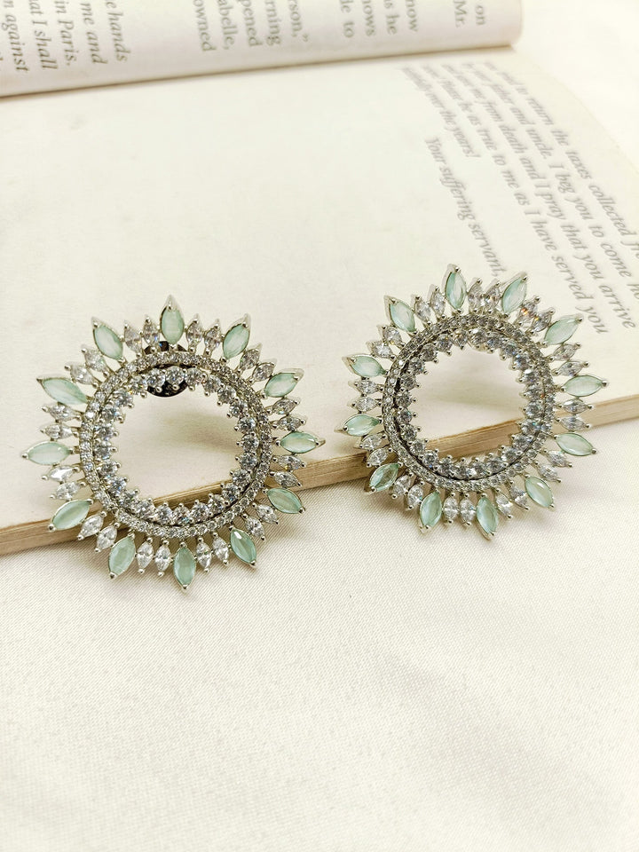 Close-up view of Monika Light Green American Diamond Silver Plated Tops with beautifully designed mint green marquise round shapes and sparkling American diamonds on silver plated brass metal 