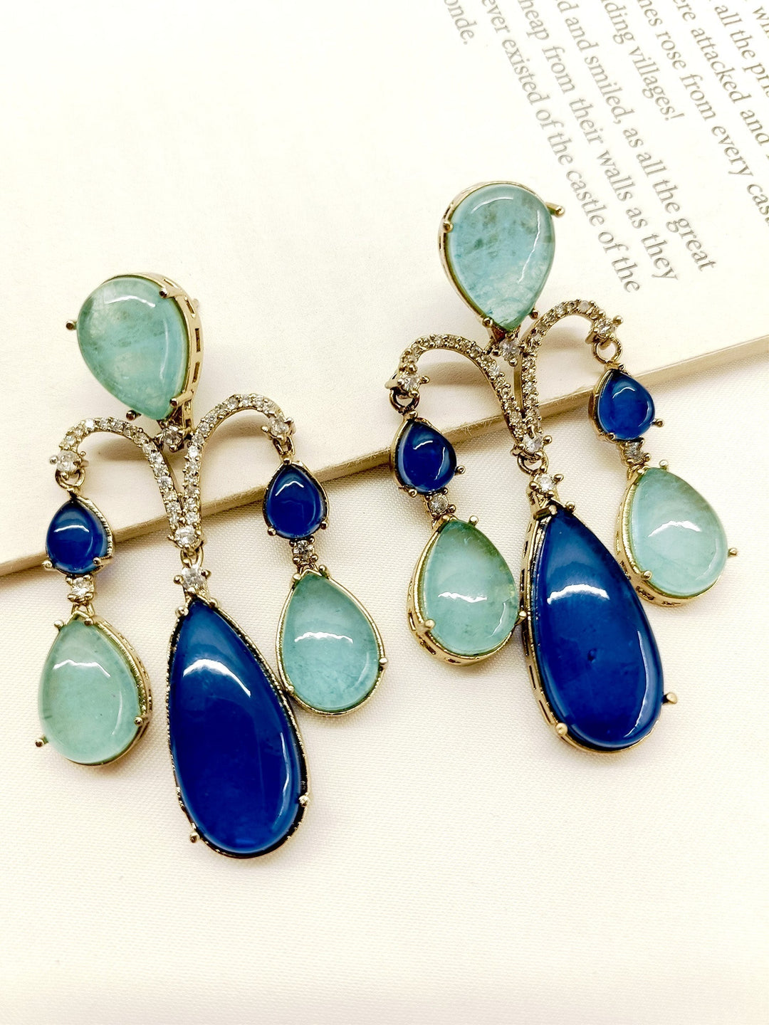 Mayan Blue Victorian Earrings crafted with antique gold plated brass metal