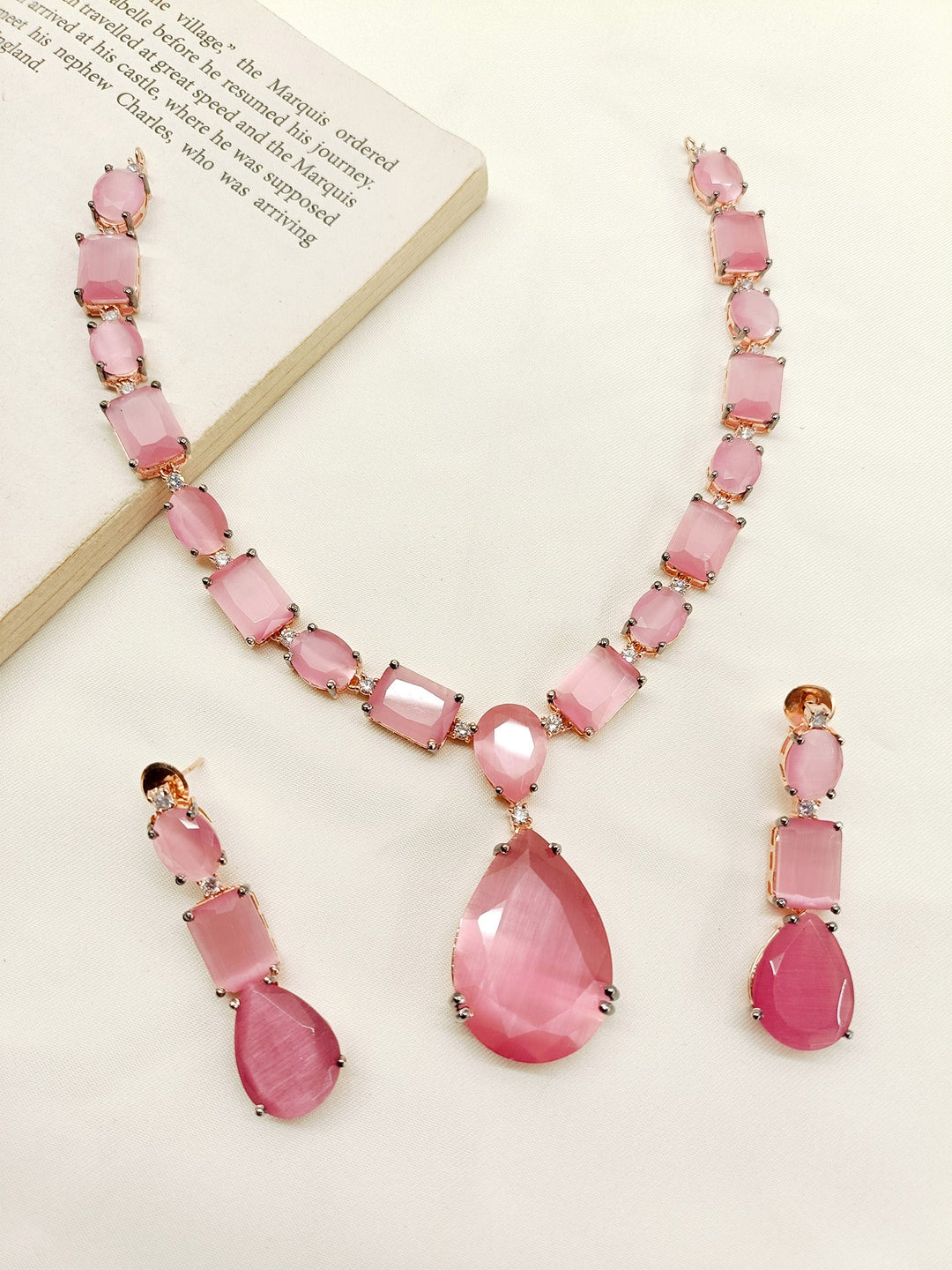 Vidya Pink Swarovski Stone Necklace Set - qivii