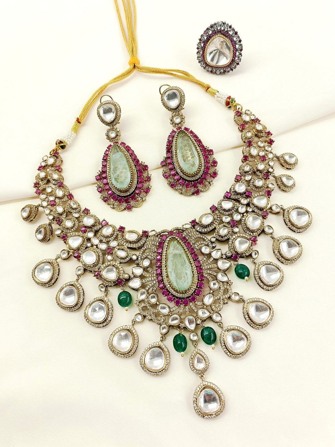 Natasha Mint Green Kundan Necklace Set - qivii