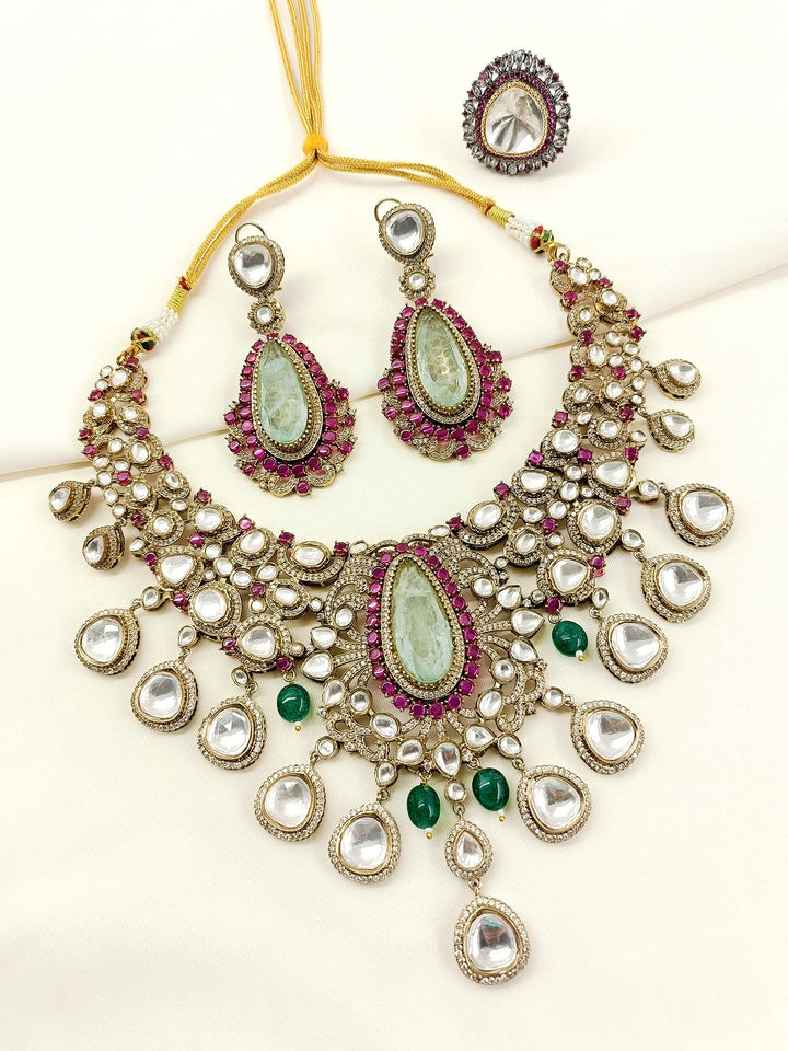 Natasha Mint Green Kundan Necklace Set - qivii