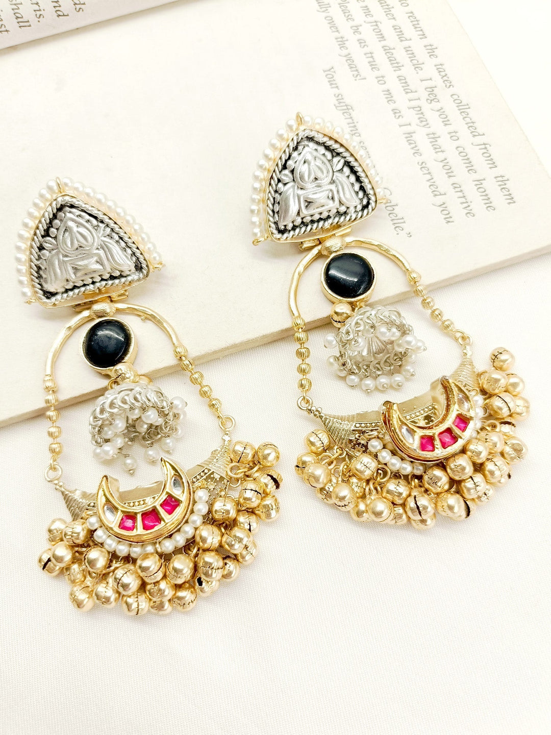 Maheshwri Black Boutique Earrings with Gold Plated Brass Metal and Pearl Hanging