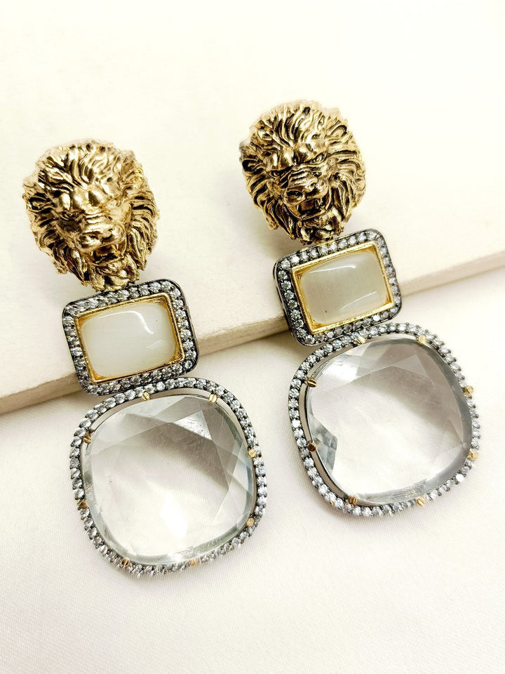 Shay Grey Victorian Earrings with Lion Motifs and American Diamond Setting