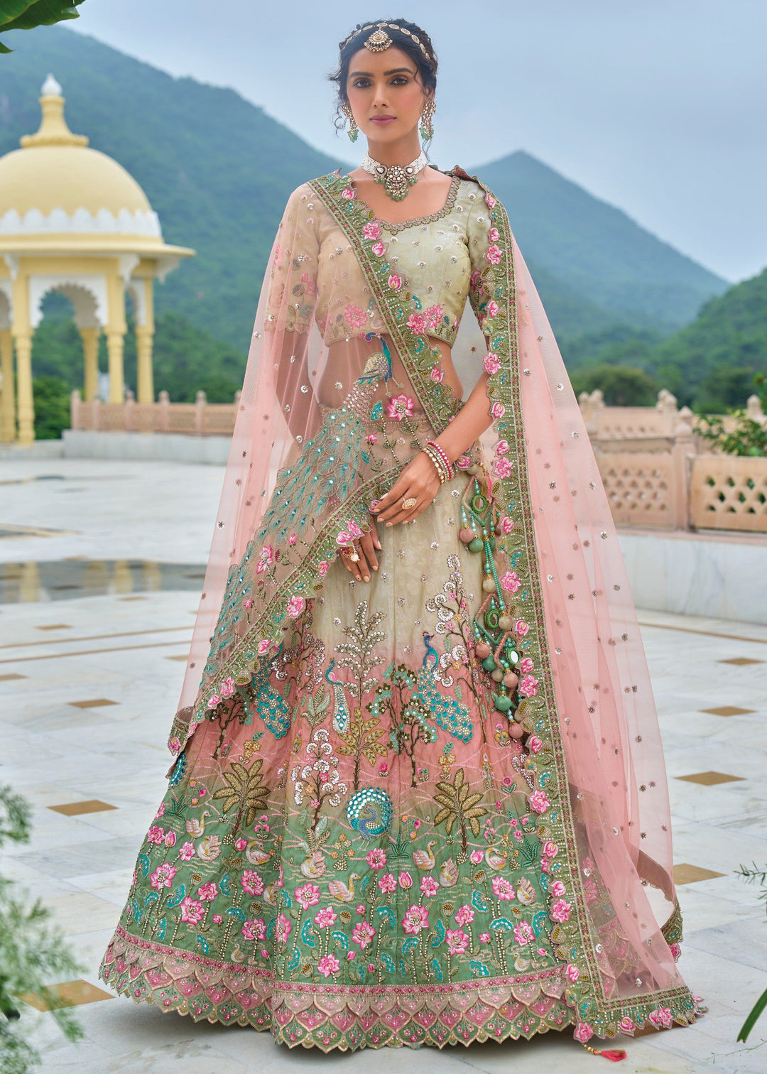 Pista Green and peach Viscose Tissue Lehenga Choli with Embroidery Work : Top Pick | Ready To Wear - qivii