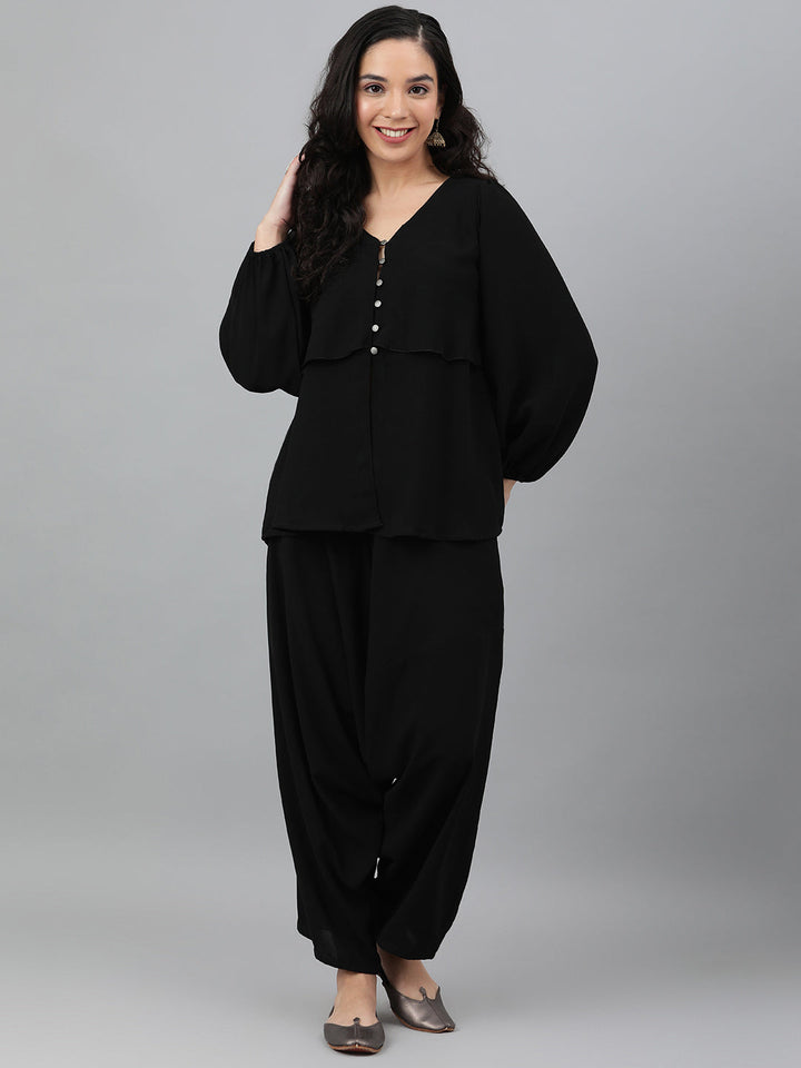 Black Poly-Twill Layered Top With Harem Pant