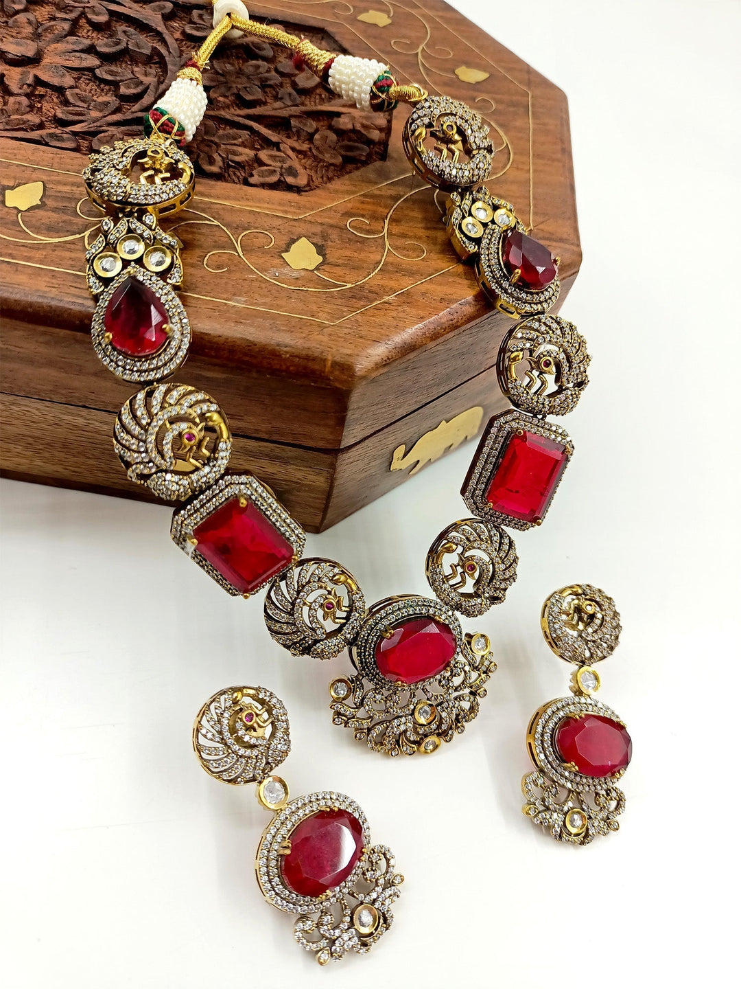 Antique Gold Plated Brass Metal Maroon Victorian Necklace Set with American Diamond Setting