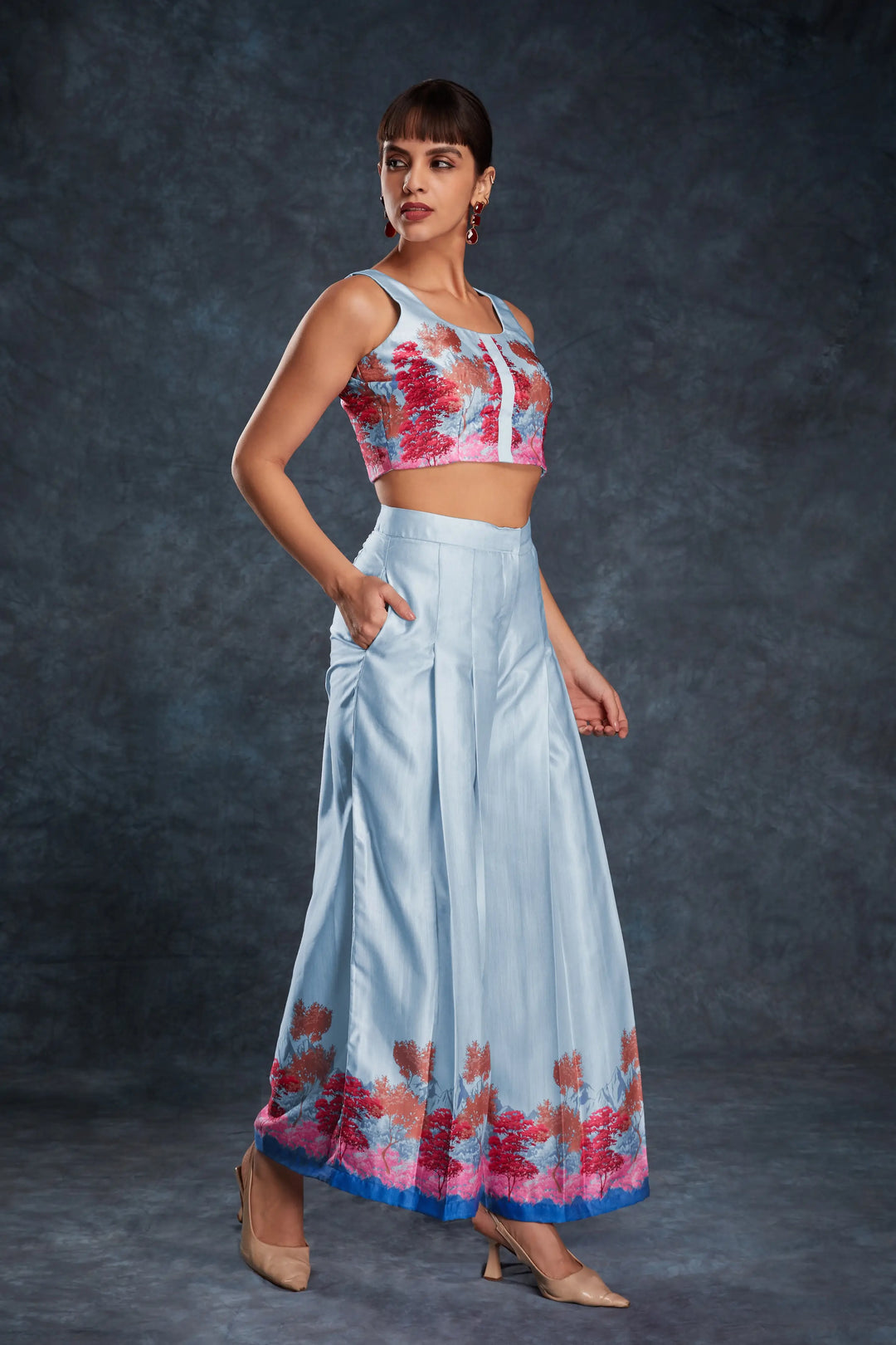Sky Blue Printed Satin Co-ord Set - qivii