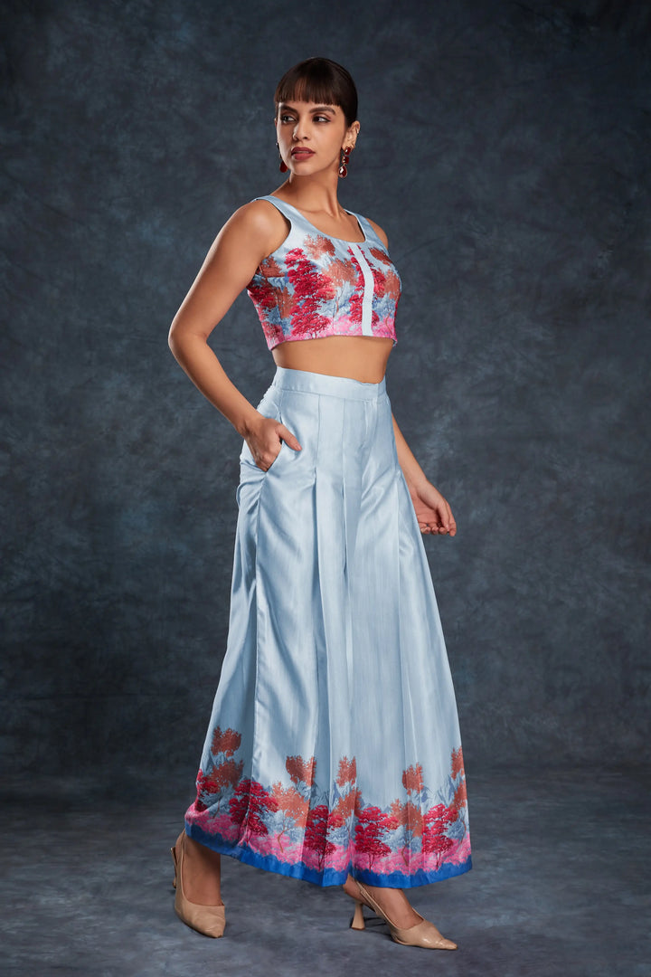 Sky Blue Printed Satin Co-ord Set - qivii