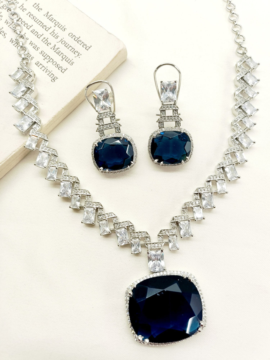 Kamia Navy Blue American Diamond Necklace Set - qivii
